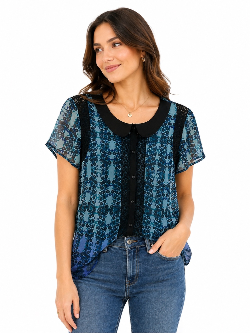 Hinge Blue and Black Short Sleeve Blouse with Lace, Size M